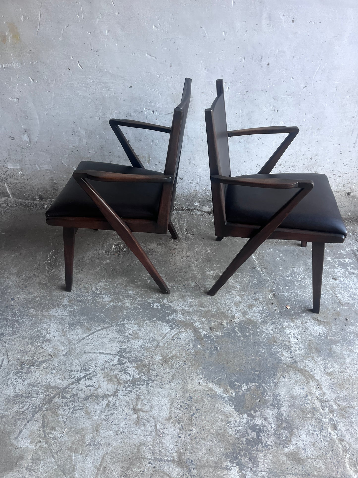 Pair of Sculptural Mid-Century Armchairs in Dark Wood and Brown Upholstery
