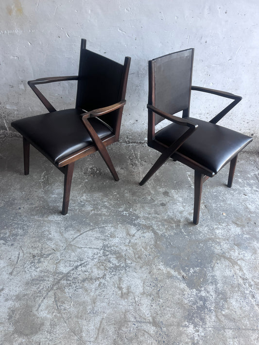Pair of Sculptural Mid-Century Armchairs in Dark Wood and Brown Upholstery