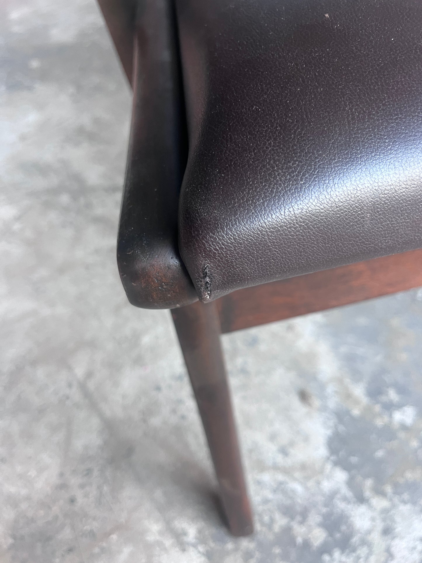 Pair of Sculptural Mid-Century Armchairs in Dark Wood and Brown Upholstery