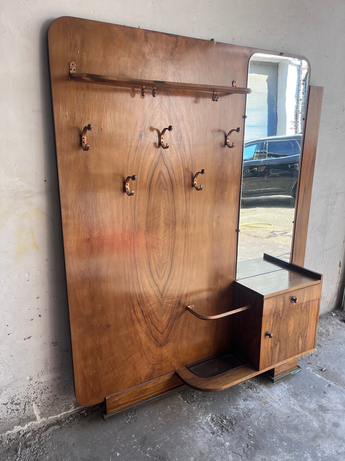Art Deco Walnut Hallway Coat Rack with Mirror, 1930s