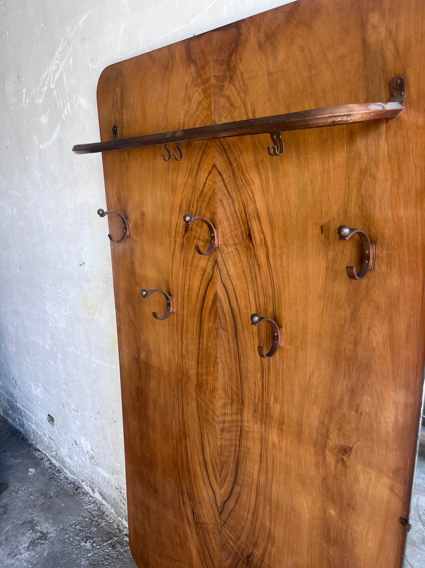 Art Deco Walnut Hallway Coat Rack with Mirror, 1930s