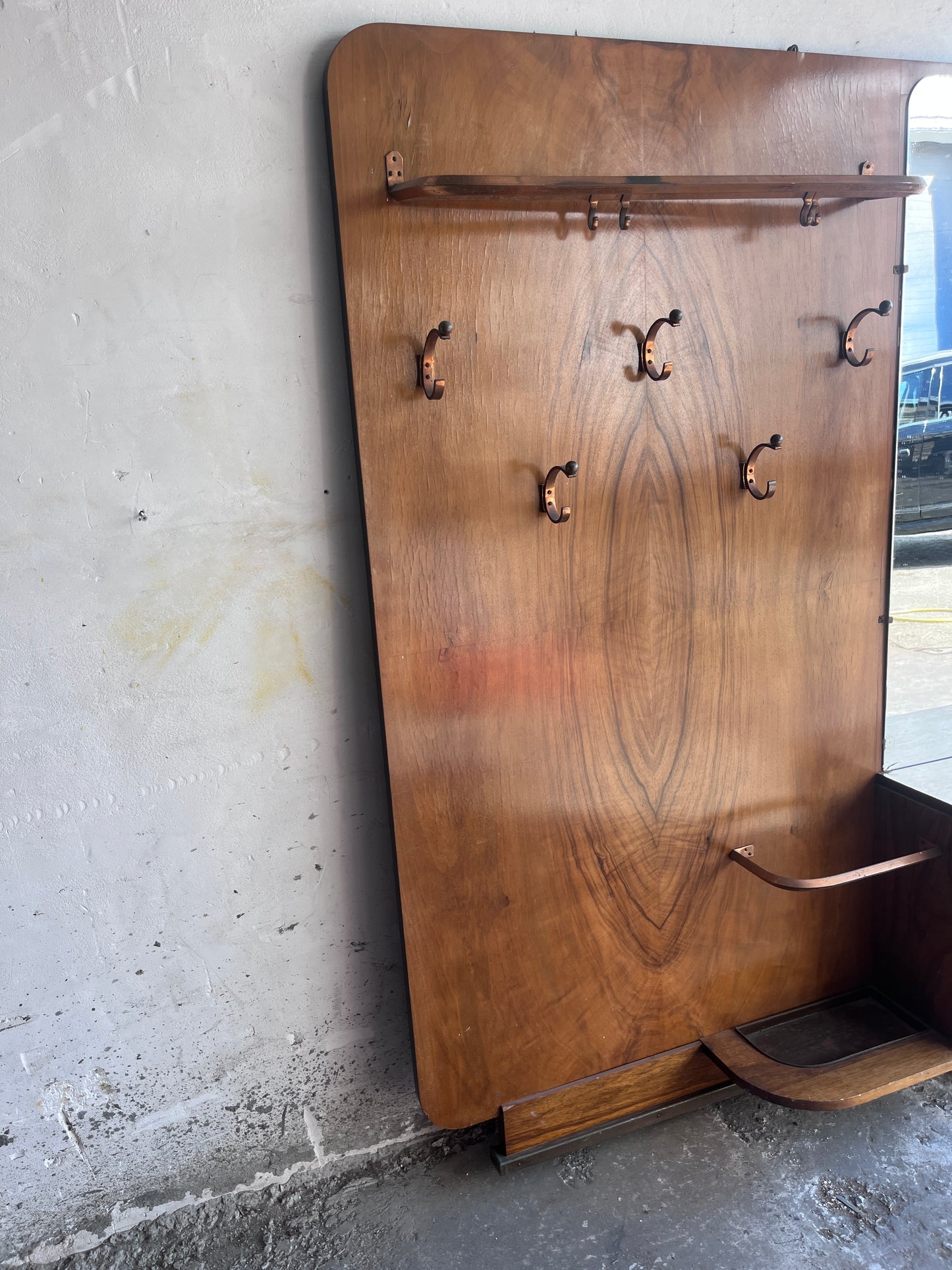Art Deco Walnut Hallway Coat Rack with Mirror, 1930s