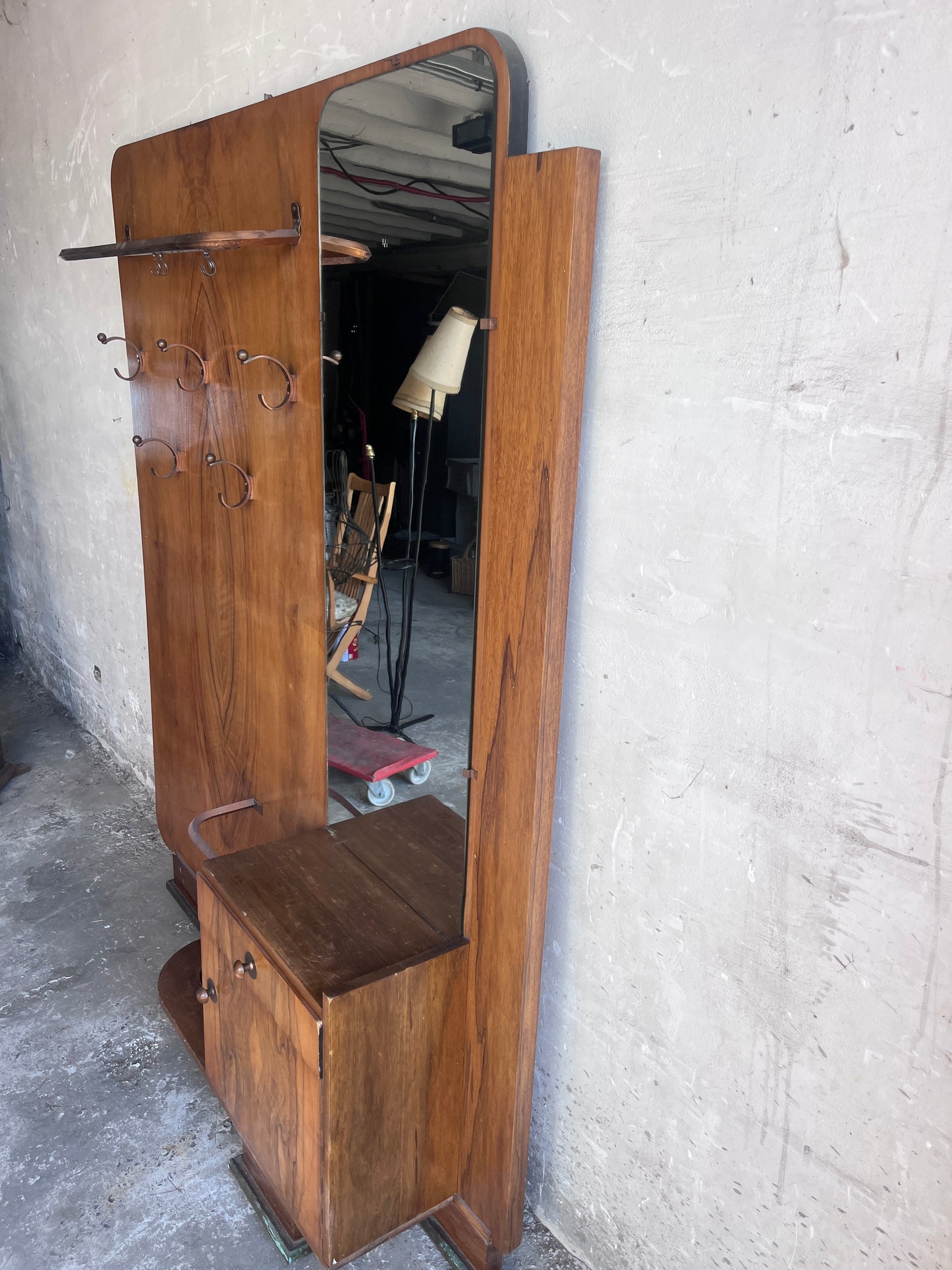 Art Deco Walnut Hallway Coat Rack with Mirror, 1930s