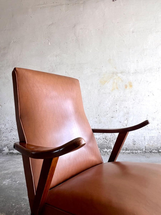 Vintage modernistische fauteuil in leder en hout