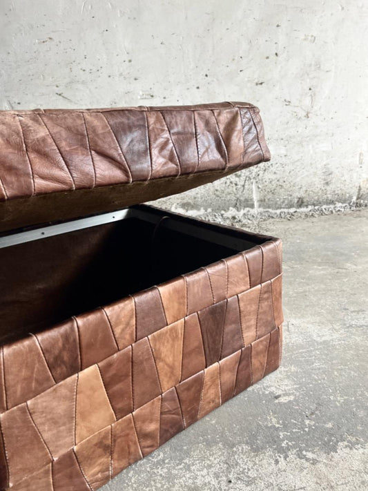 Vintage patchwork brown leather ottoman with storage , 1970s