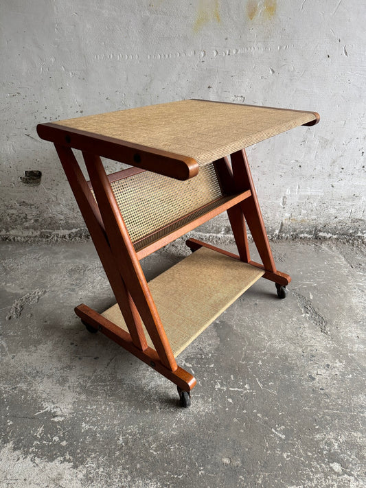 Vintage Serveertafel van Metaal, Eikenhout en Rotan voor Jullian – Frankrijk, 1960
