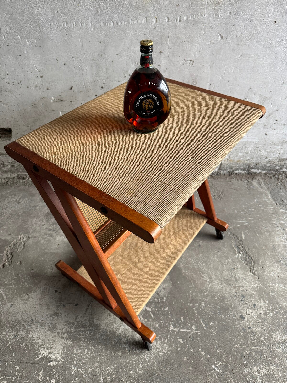 Vintage Serveertafel van Metaal, Eikenhout en Rotan voor Jullian – Frankrijk, 1960