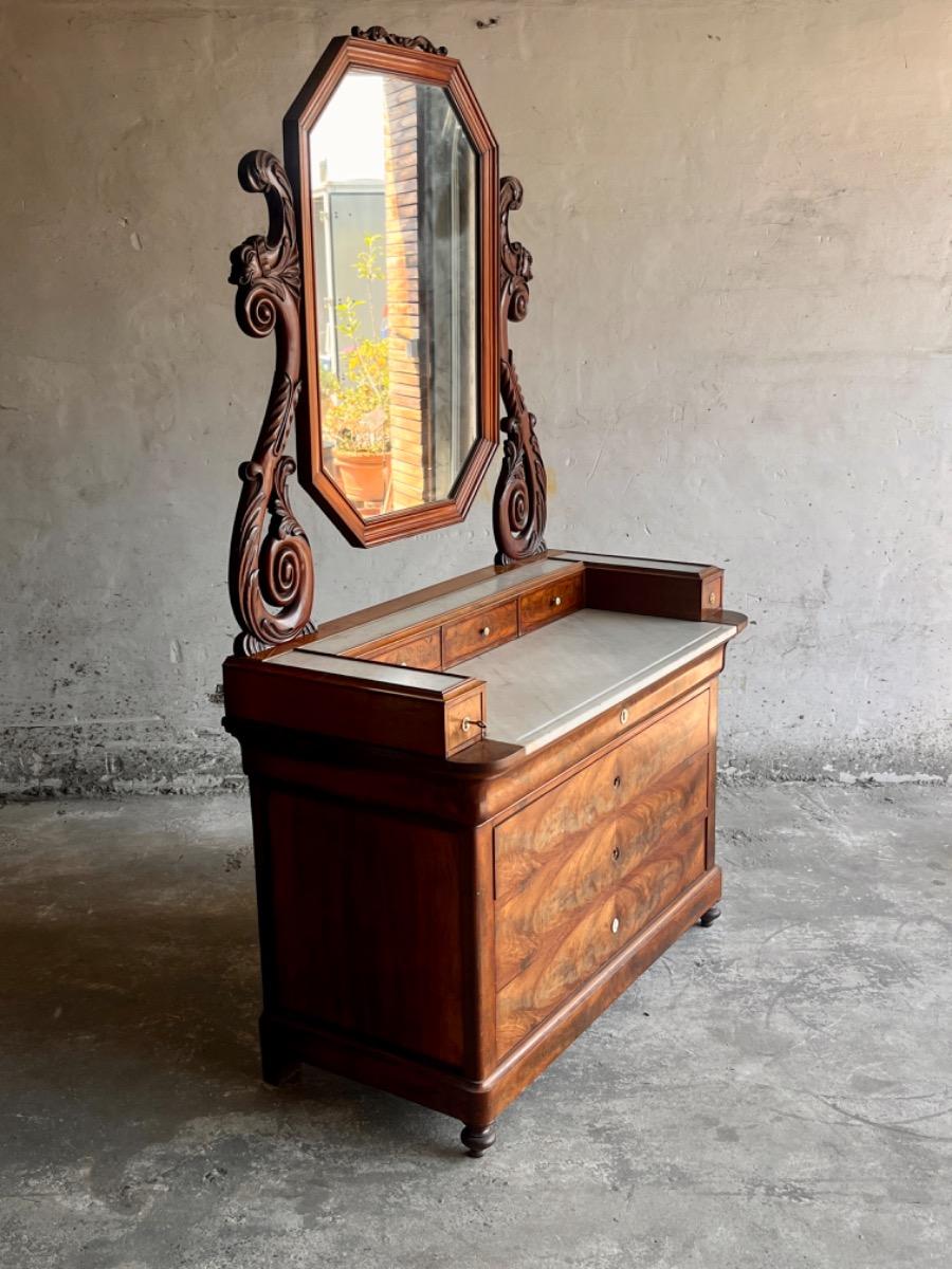 Antique Eastlake Victorian Carved Walnut Marble Top Dresser Chest Washstand With Mirror Vanity Buffet Entryway Foyer 