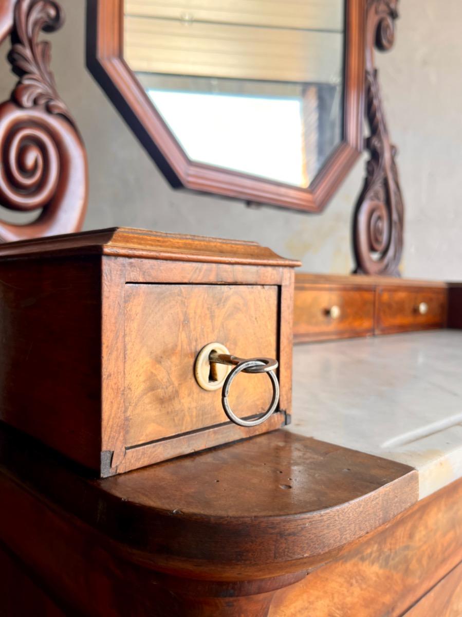 Antique Eastlake Victorian Carved Walnut Marble Top Dresser Chest Washstand With Mirror Vanity Buffet Entryway Foyer 