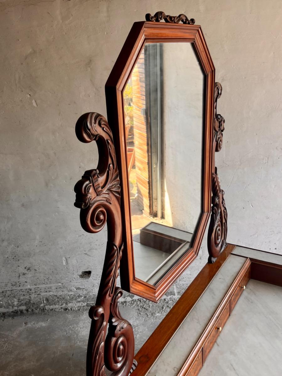 Antique Eastlake Victorian Carved Walnut Marble Top Dresser Chest Washstand With Mirror Vanity Buffet Entryway Foyer 