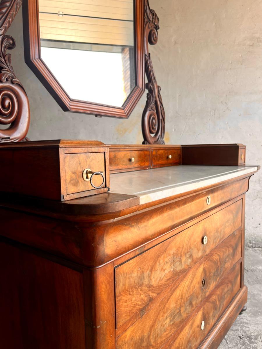 Antique Eastlake Victorian Carved Walnut Marble Top Dresser Chest Washstand With Mirror Vanity Buffet Entryway Foyer 