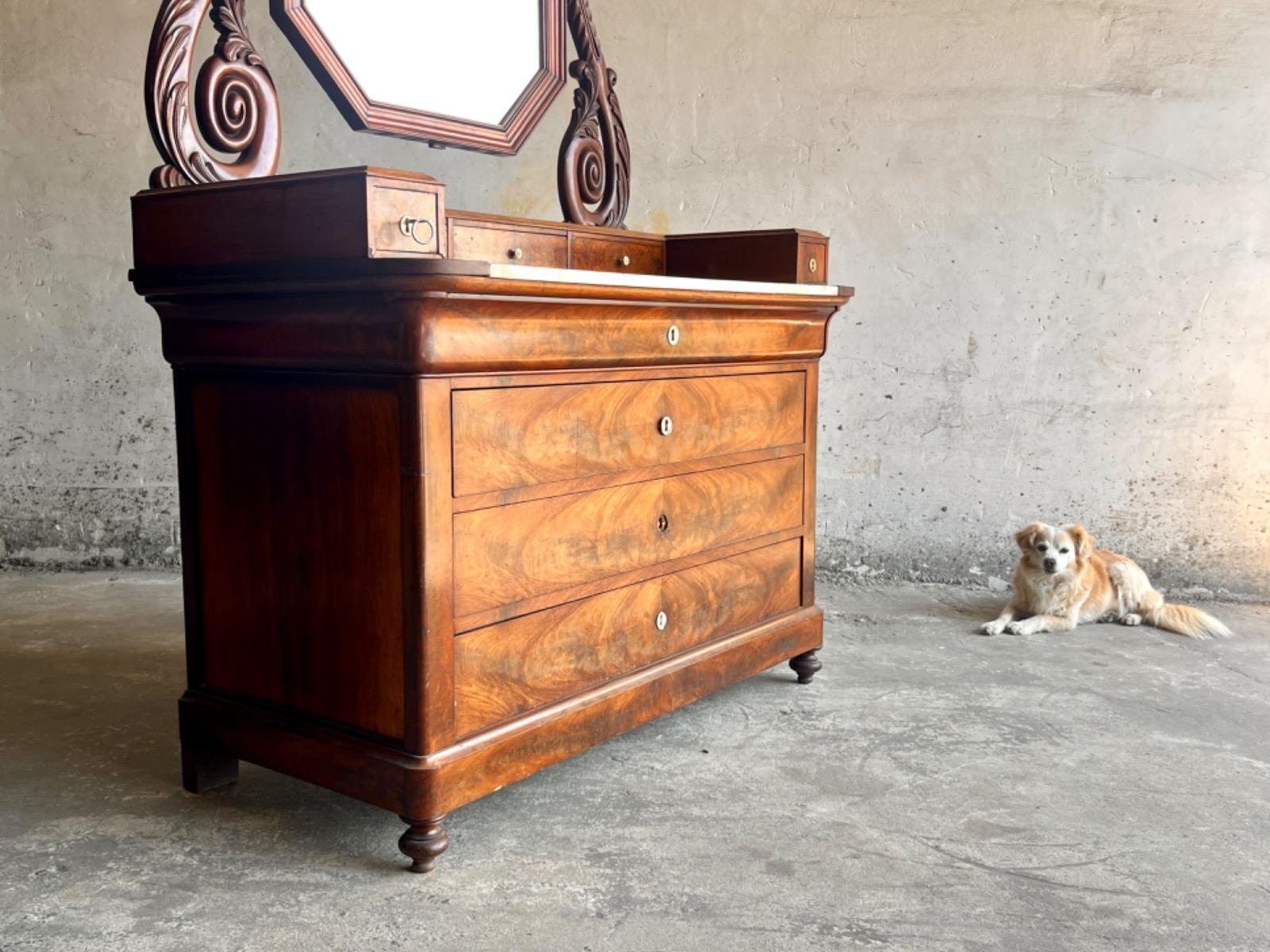 Antique Eastlake Victorian Carved Walnut Marble Top Dresser Chest Washstand With Mirror Vanity Buffet Entryway Foyer 