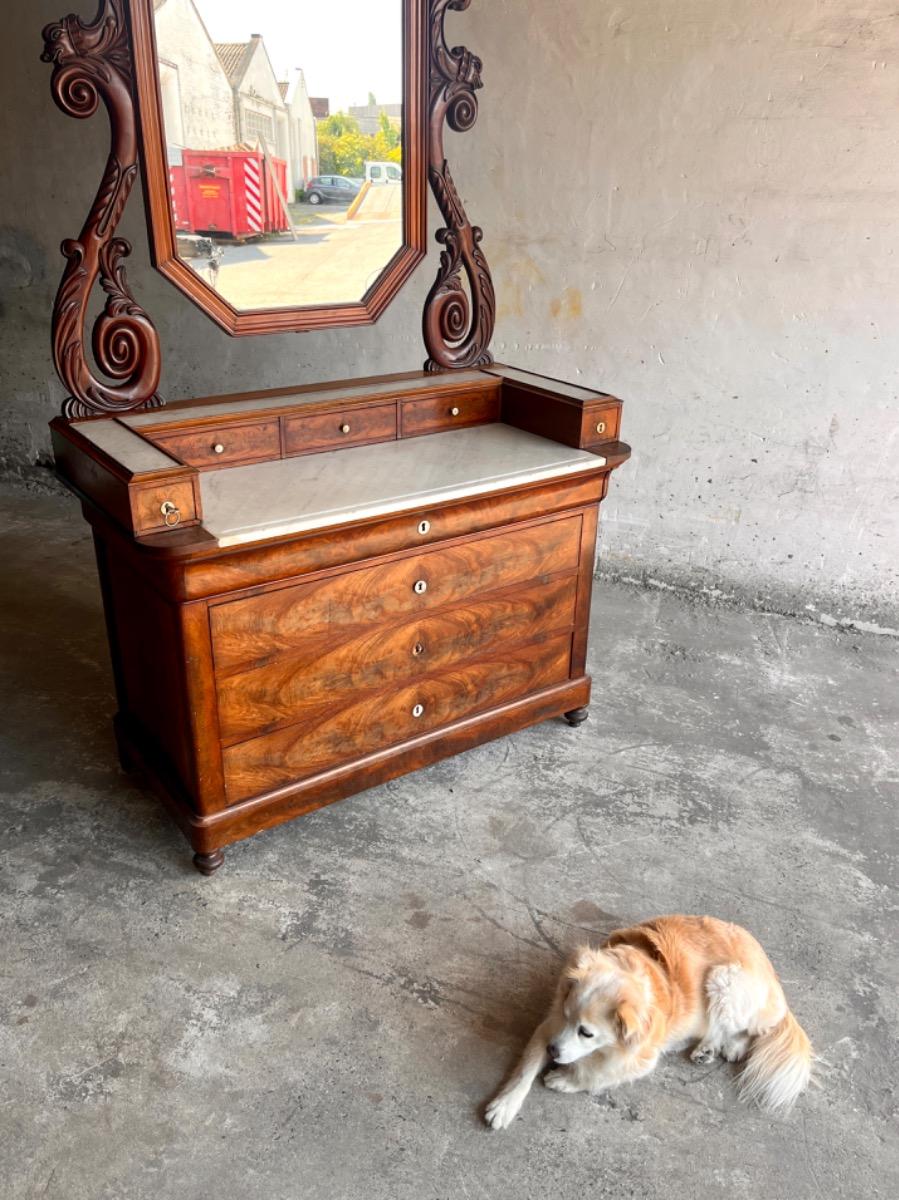 Antique Eastlake Victorian Carved Walnut Marble Top Dresser Chest Washstand With Mirror Vanity Buffet Entryway Foyer 