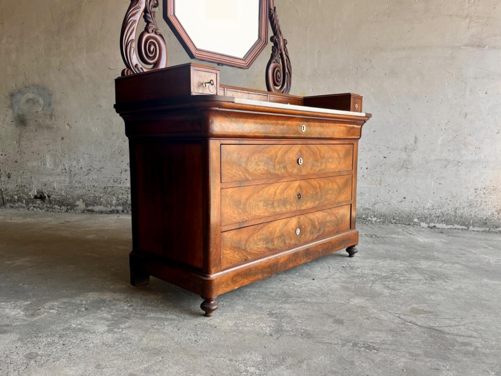 Antique Eastlake Victorian Carved Walnut Marble Top Dresser Chest Washstand With Mirror Vanity Buffet Entryway Foyer 