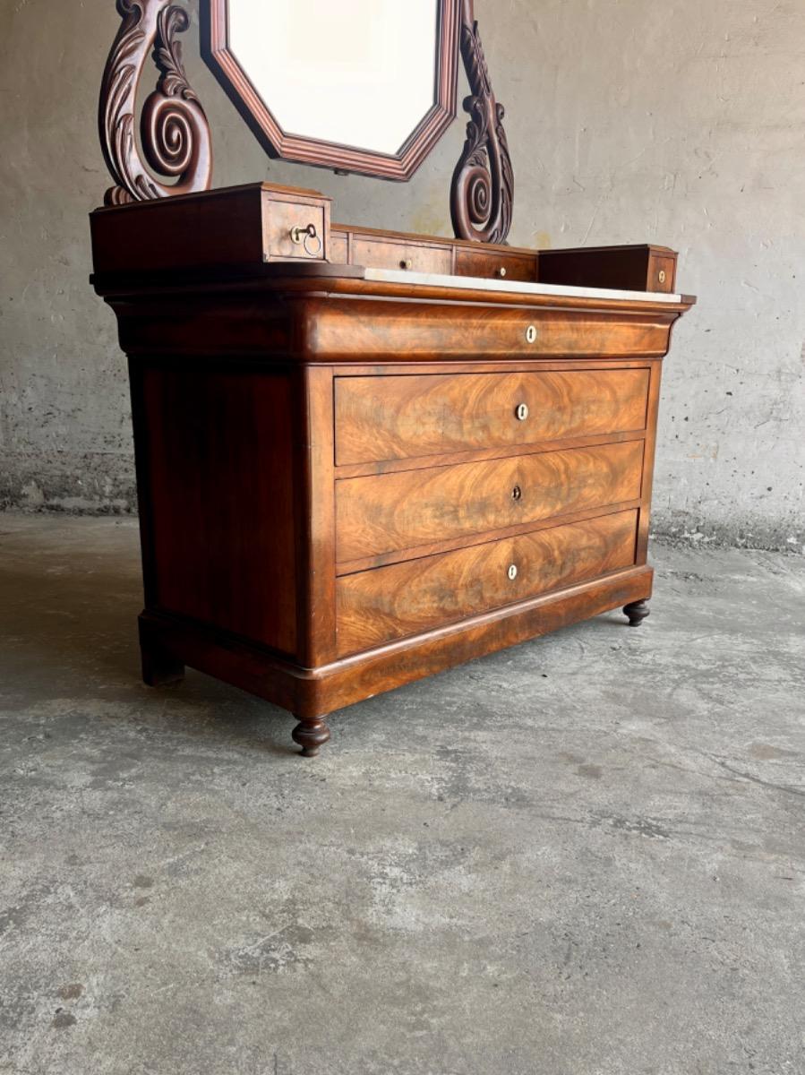 Antique Eastlake Victorian Carved Walnut Marble Top Dresser Chest Washstand With Mirror Vanity Buffet Entryway Foyer 