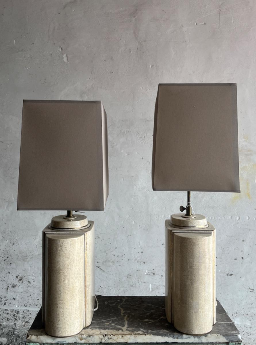 Architectural Table Lamps in Travertine and Brass  style maison jansen , 1970s