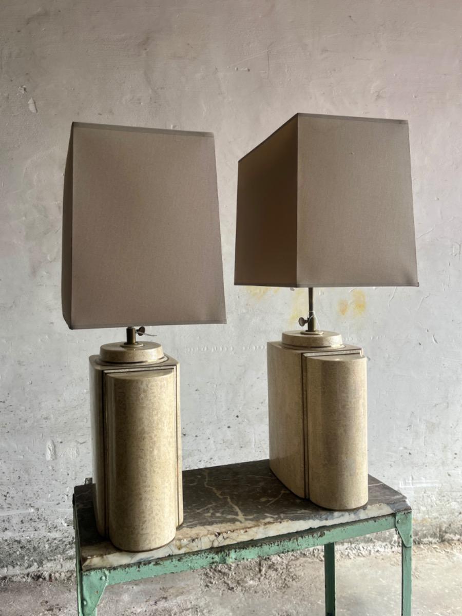 Architectural Table Lamps in Travertine and Brass  style maison jansen , 1970s