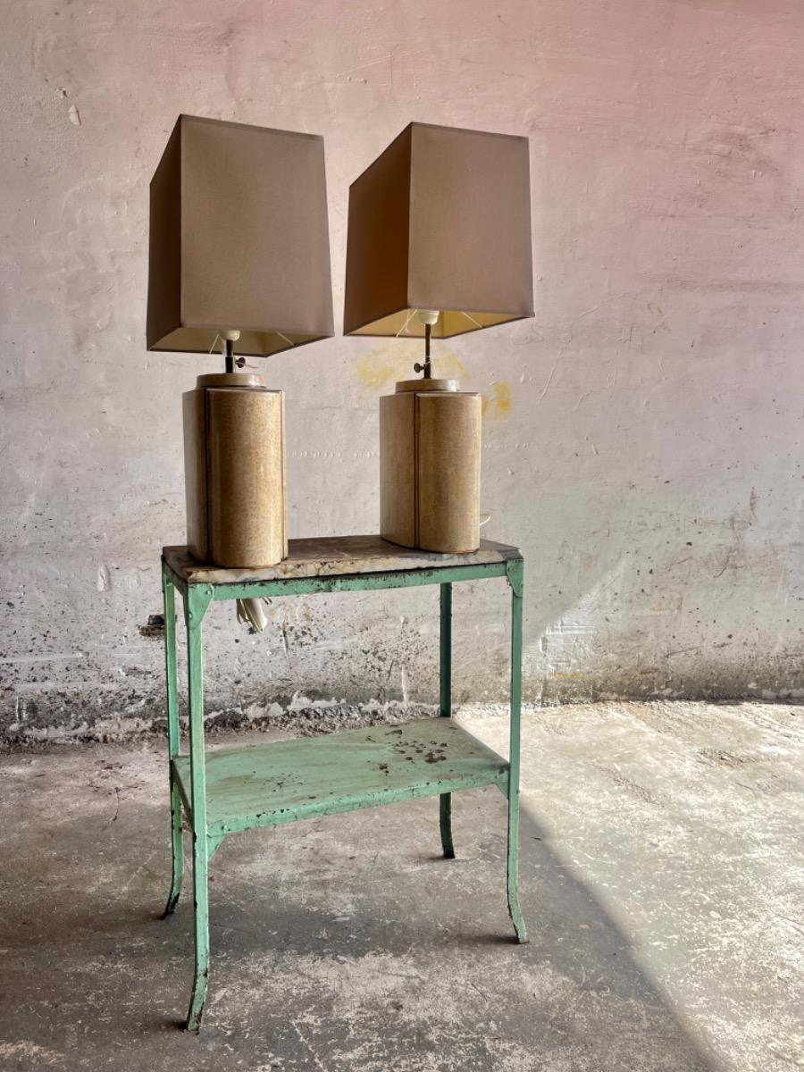 Architectural Table Lamps in Travertine and Brass  style maison jansen , 1970s