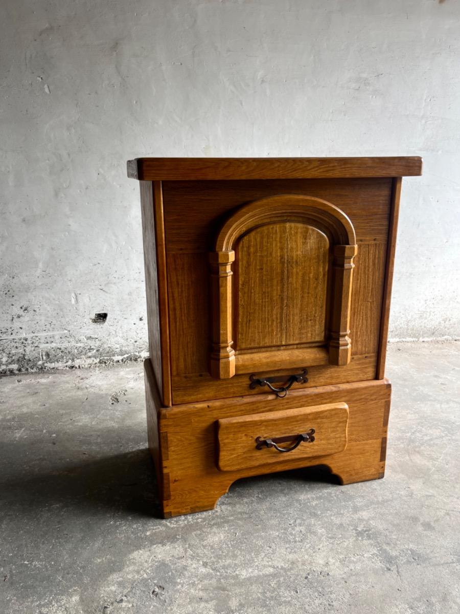 Brutalist 1 door oak and brass cabinet 