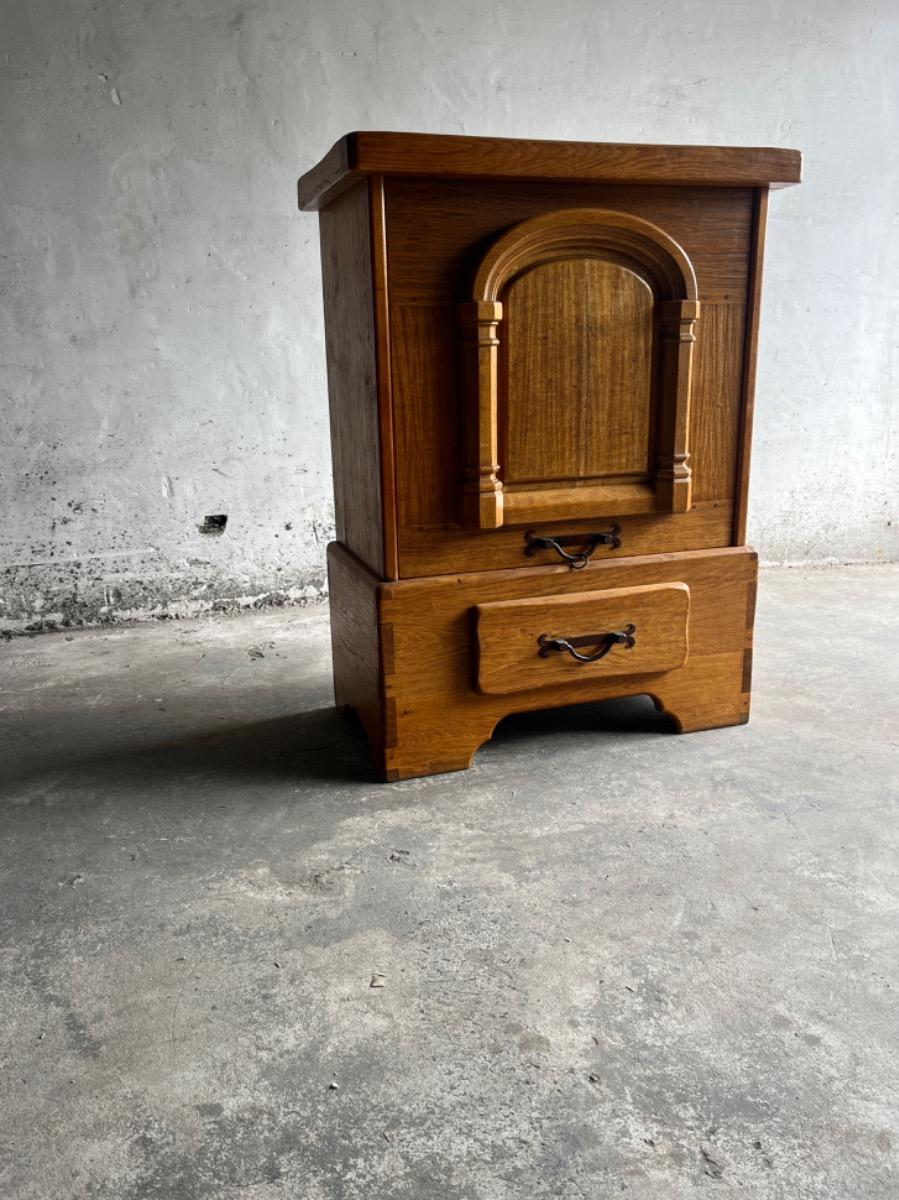 Brutalist 1 door oak and brass cabinet 