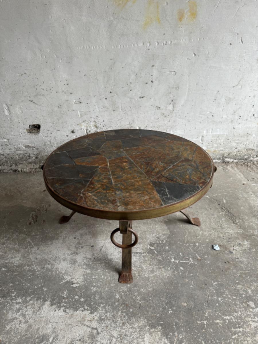 Brutalistic round slate iron  coffee table ,70s 