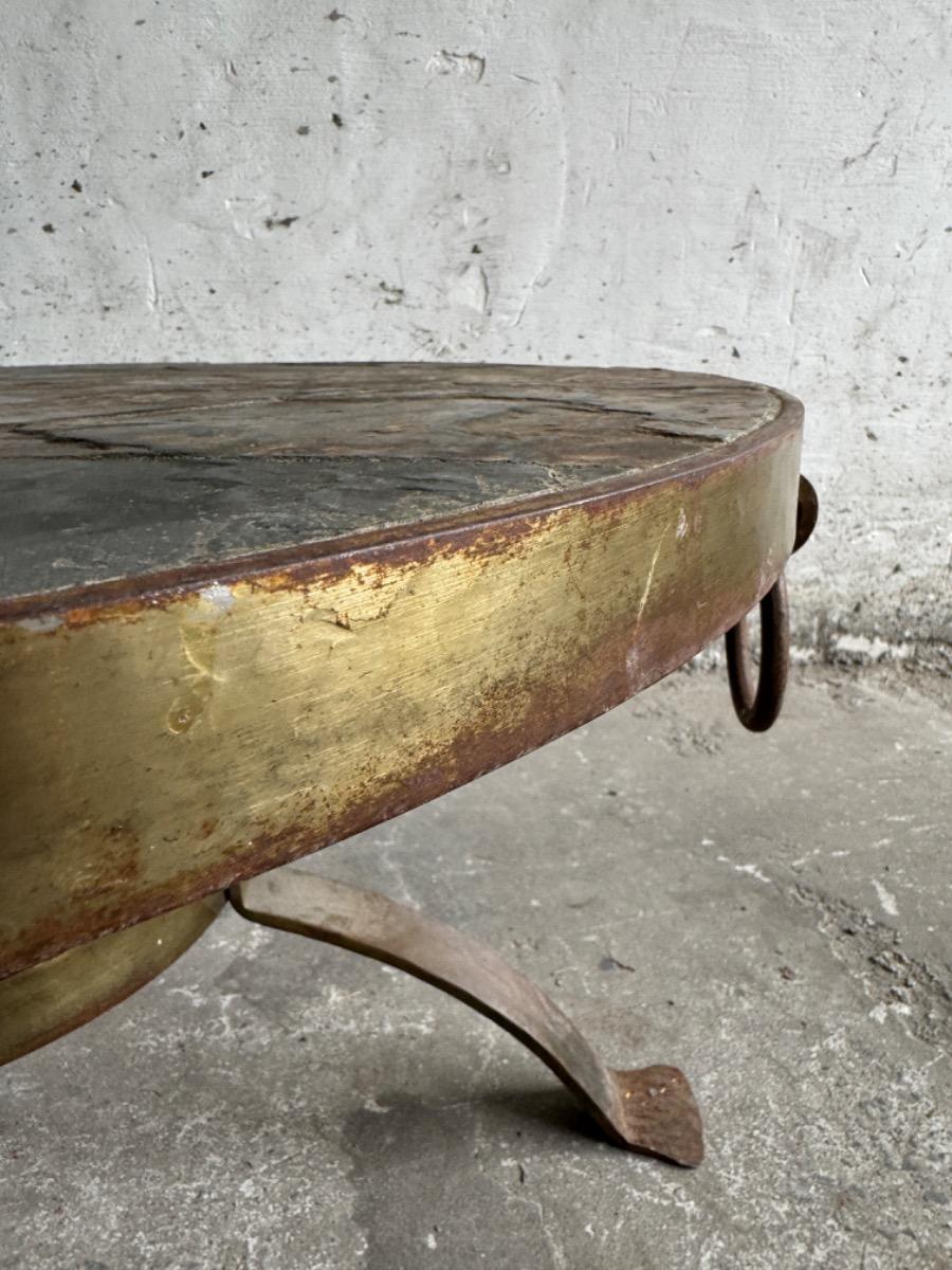 Brutalistic round slate iron  coffee table ,70s 