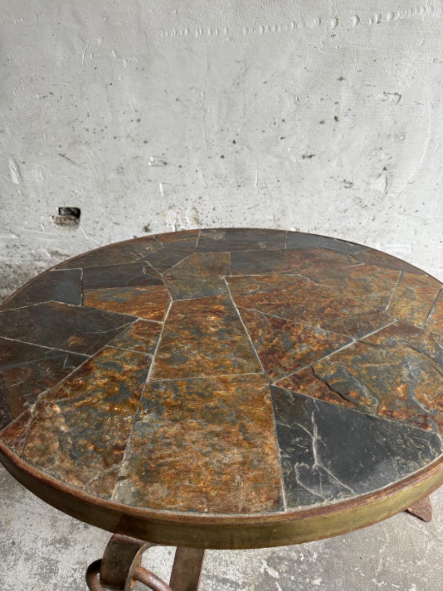 Brutalistic round slate iron  coffee table ,70s 