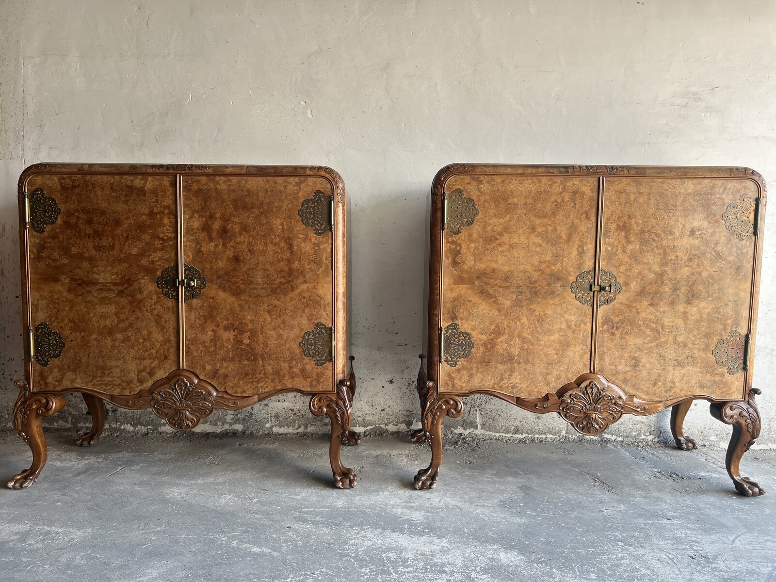 Burr Walnut Veneer Cabinets on Cabrio Legs