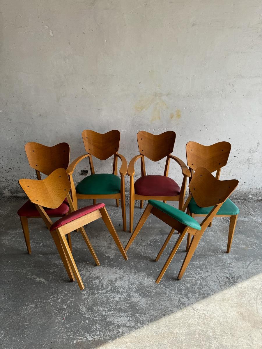 Heart Model Chairs René-Jean Caillette, France, 1950s, Set of 6