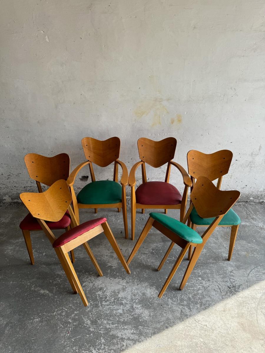 Heart Model Chairs René-Jean Caillette, France, 1950s, Set of 6