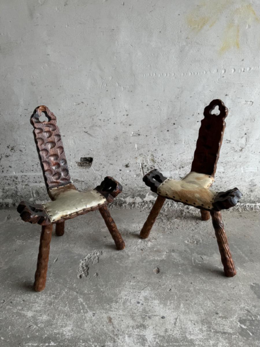 Mid-Century 3-Legged Stool with Backrest in Wood with Black-Brown Cowhide Seat, 1950s