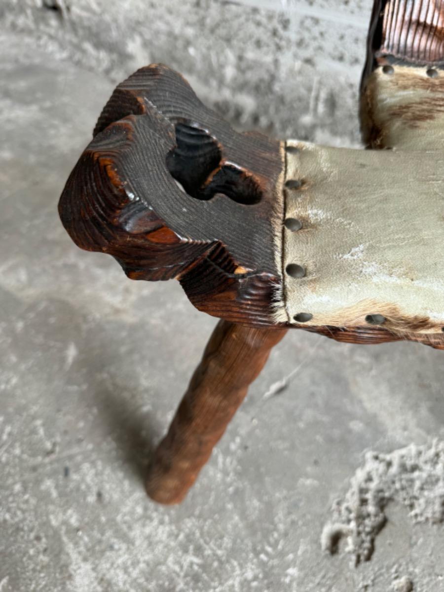 Mid-Century 3-Legged Stool with Backrest in Wood with Black-Brown Cowhide Seat, 1950s