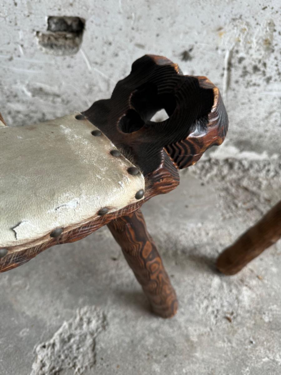 Mid-Century 3-Legged Stool with Backrest in Wood with Black-Brown Cowhide Seat, 1950s