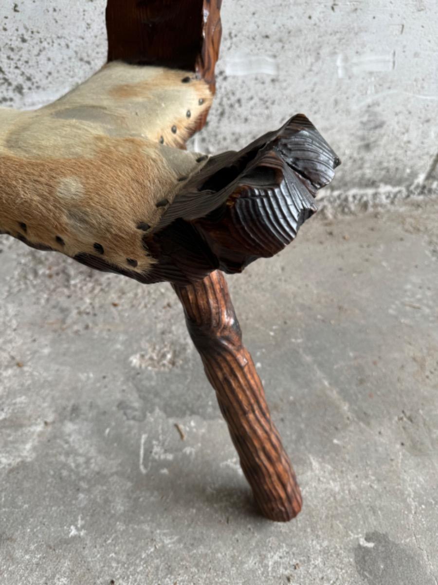 Mid-Century 3-Legged Stool with Backrest in Wood with Black-Brown Cowhide Seat, 1950s