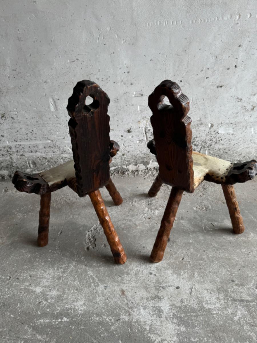 Mid-Century 3-Legged Stool with Backrest in Wood with Black-Brown Cowhide Seat, 1950s