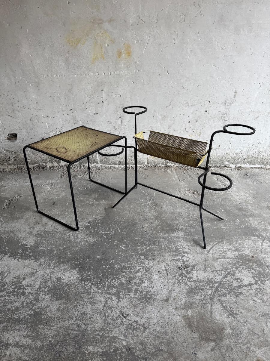 Mid-Century Metal Plant Rack+ Side table by Mathieu Matégot, France, 1950s