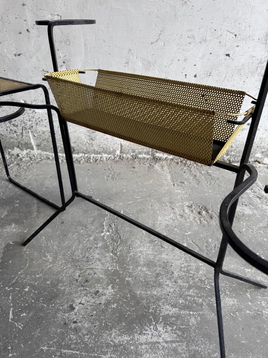 Mid-Century Metal Plant Rack+ Side table by Mathieu Matégot, France, 1950s