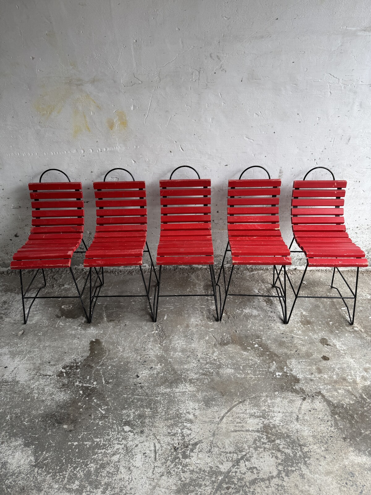 Red Slatted Chair with Black Metal Frame