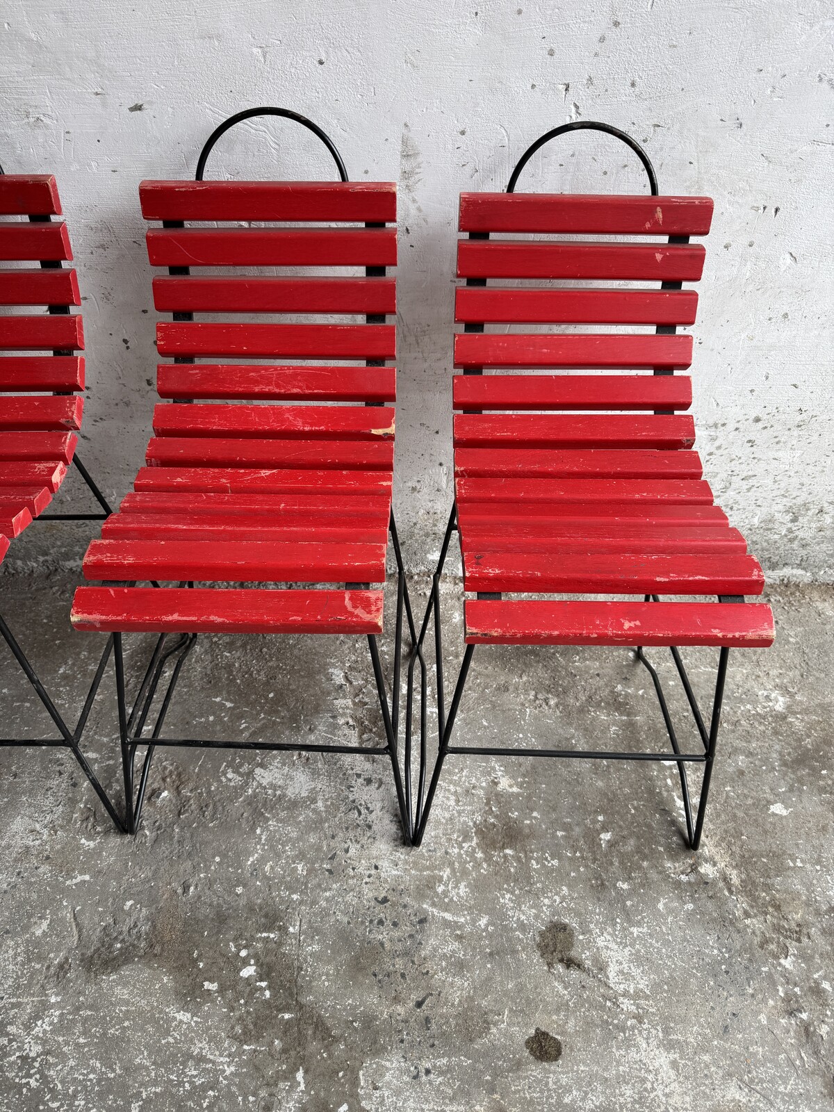 Red Slatted Chair with Black Metal Frame