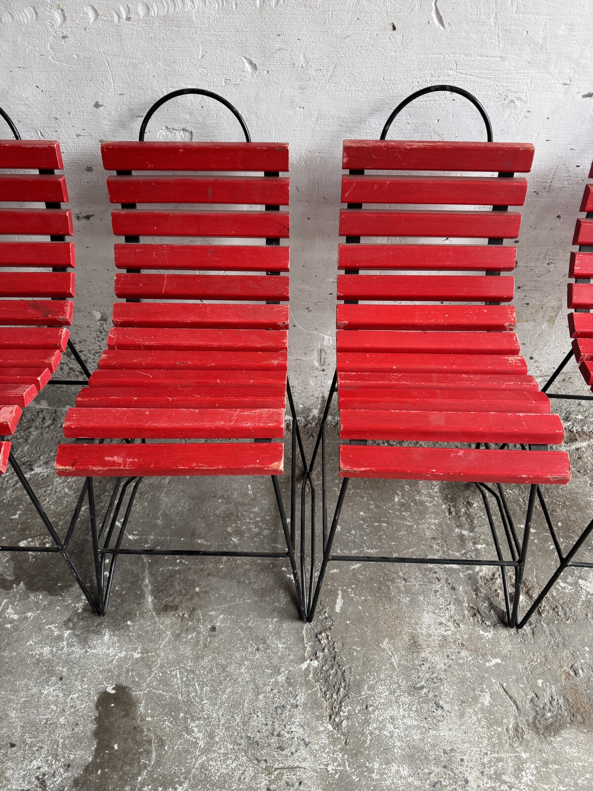 Red Slatted Chair with Black Metal Frame