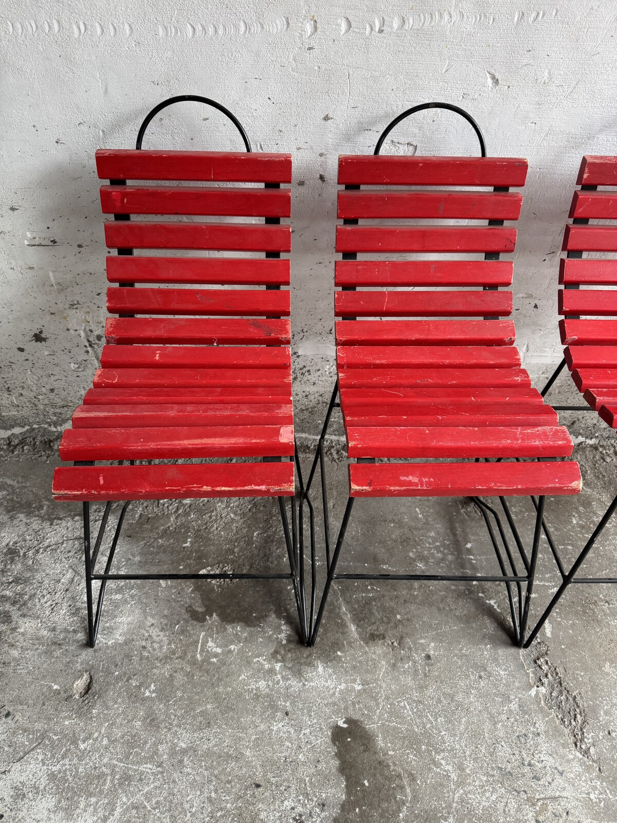 Red Slatted Chair with Black Metal Frame