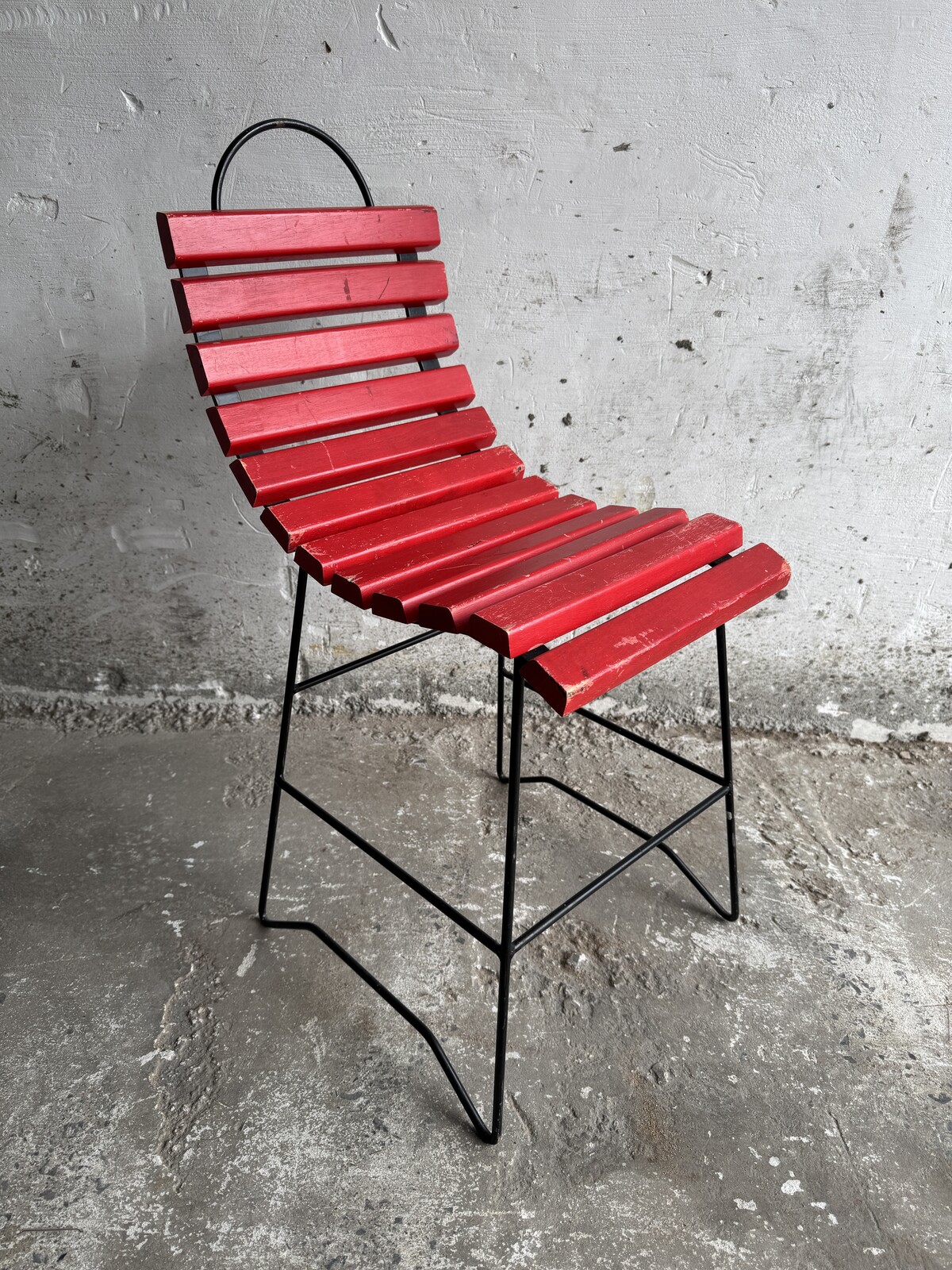 Red Slatted Chair with Black Metal Frame