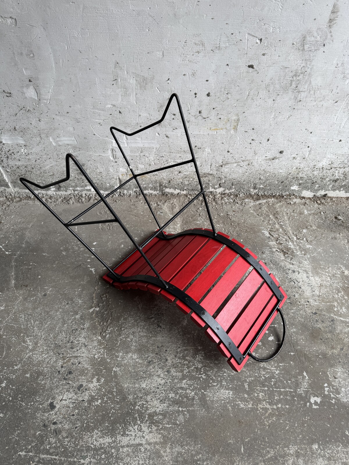 Red Slatted Chair with Black Metal Frame