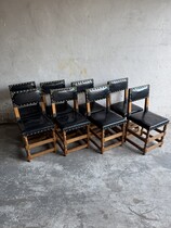 Set of 8 Wooden and leather antique flemish chairs. 