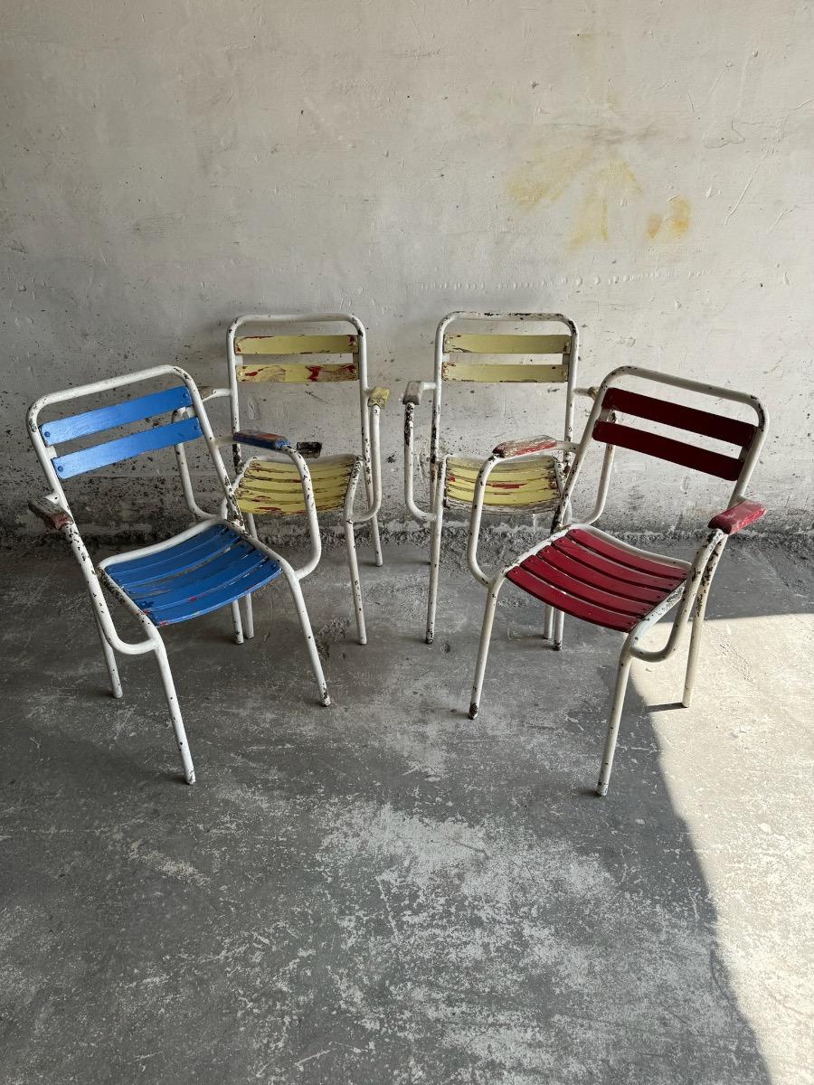 Suite of 4 vintage 1970 metal and wooden seating garden armchairs