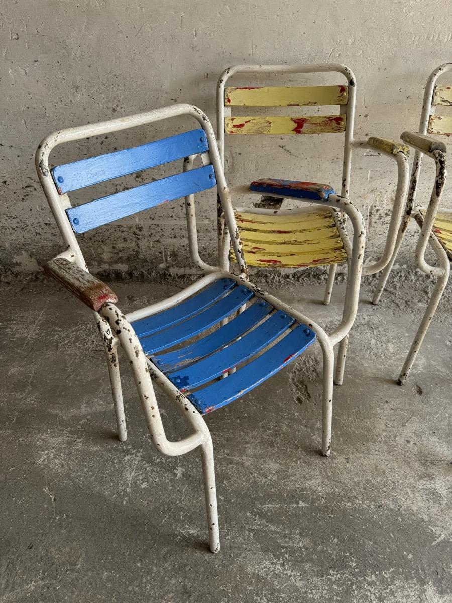 Suite of 4 vintage 1970 metal and wooden seating garden armchairs