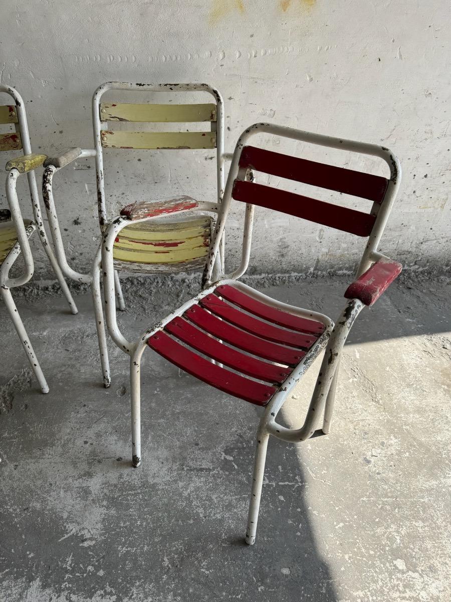 Suite of 4 vintage 1970 metal and wooden seating garden armchairs