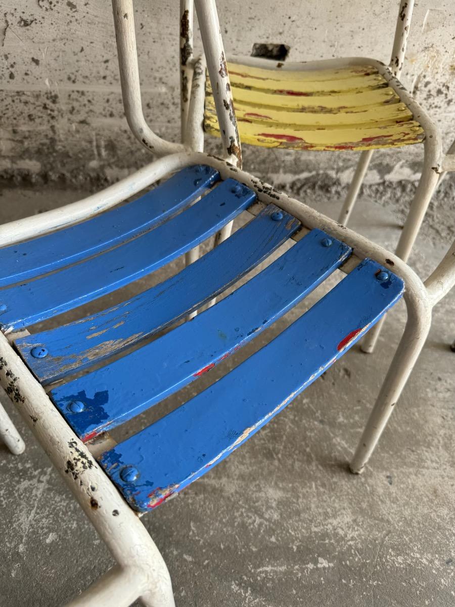 Suite of 4 vintage 1970 metal and wooden seating garden armchairs