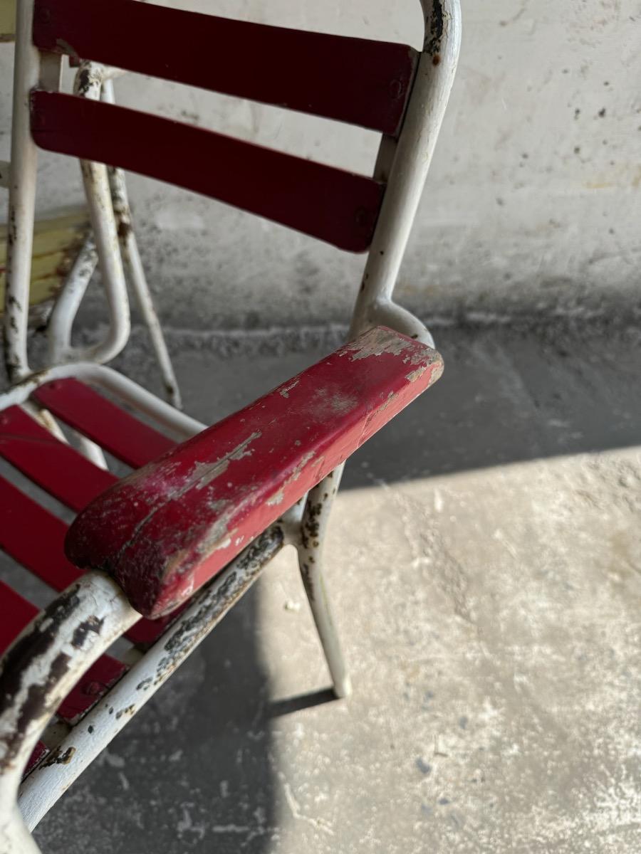 Suite of 4 vintage 1970 metal and wooden seating garden armchairs