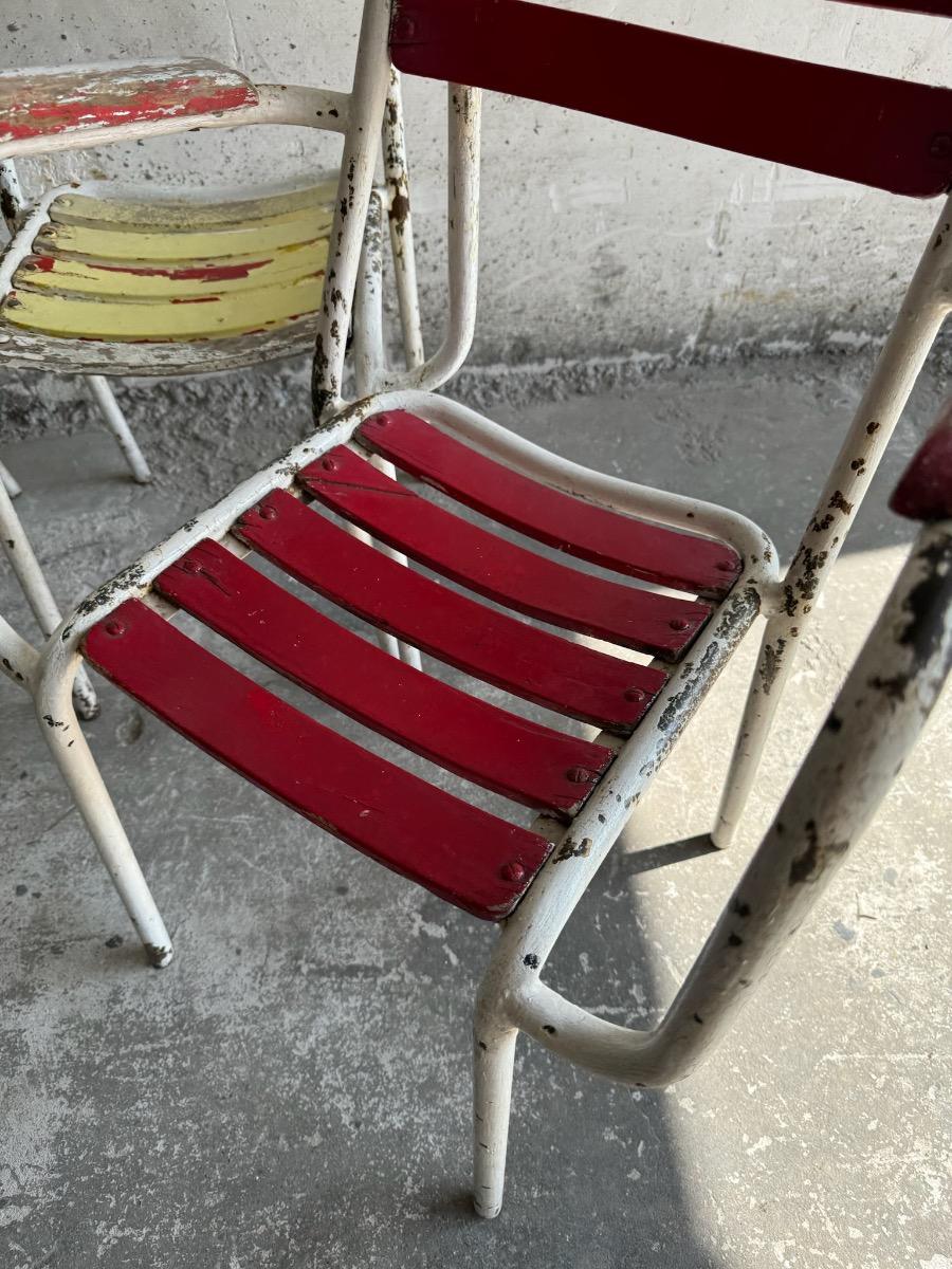 Suite of 4 vintage 1970 metal and wooden seating garden armchairs